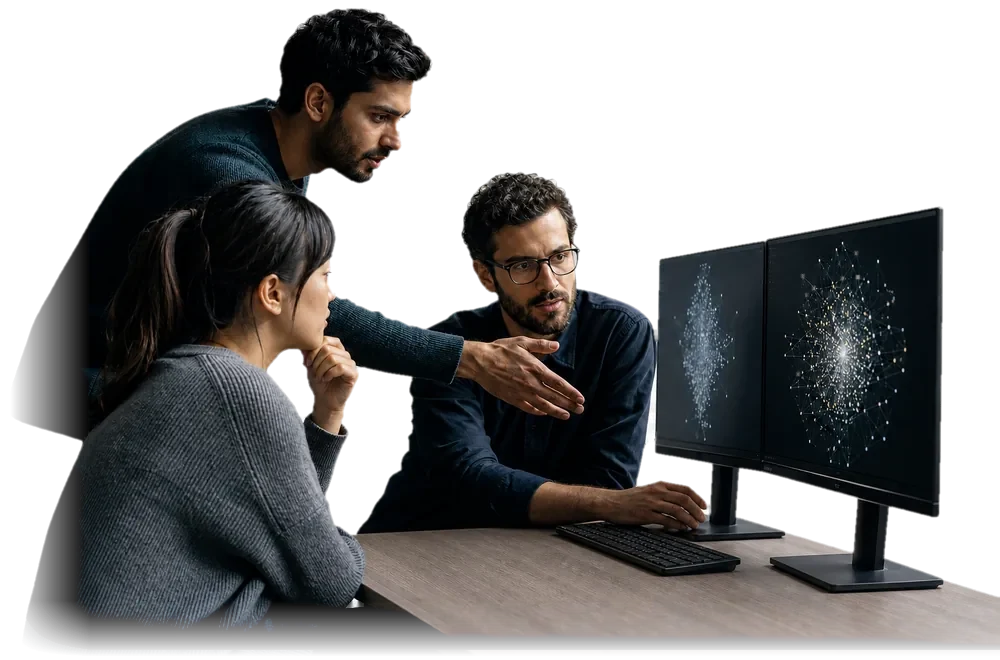 Three software professionals discuss a data visualization at a workstation.